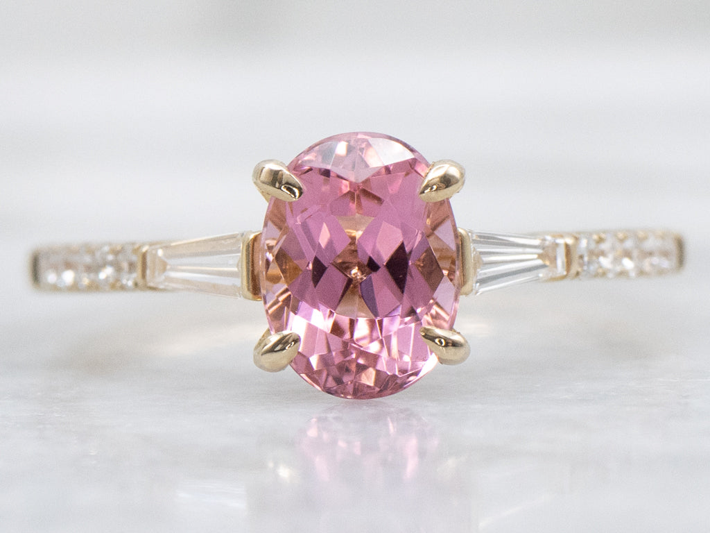 Pretty Pink Tourmaline and Diamond Yellow Gold Ring