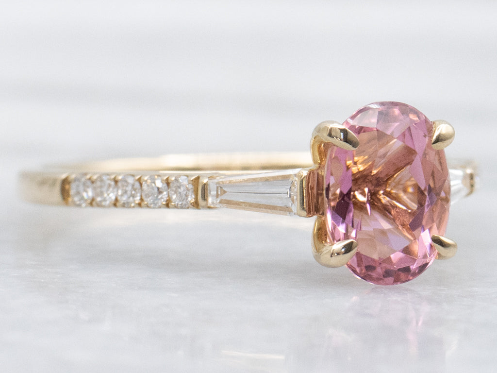 Pretty Pink Tourmaline and Diamond Yellow Gold Ring