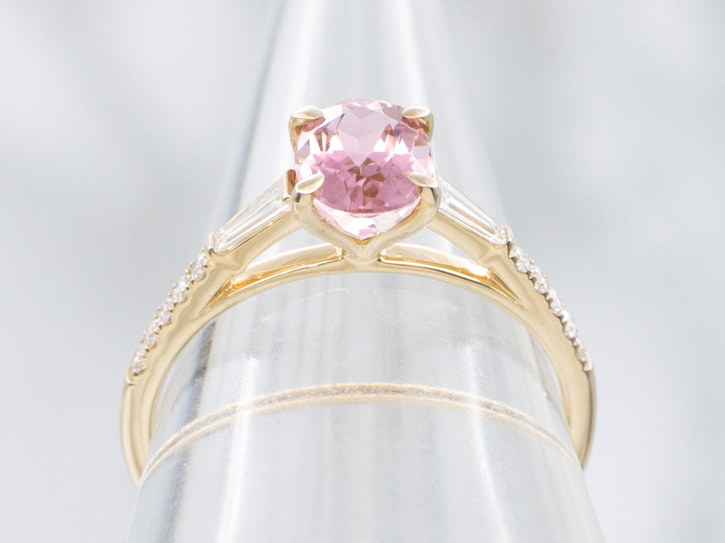 Pretty Pink Tourmaline and Diamond Yellow Gold Ring