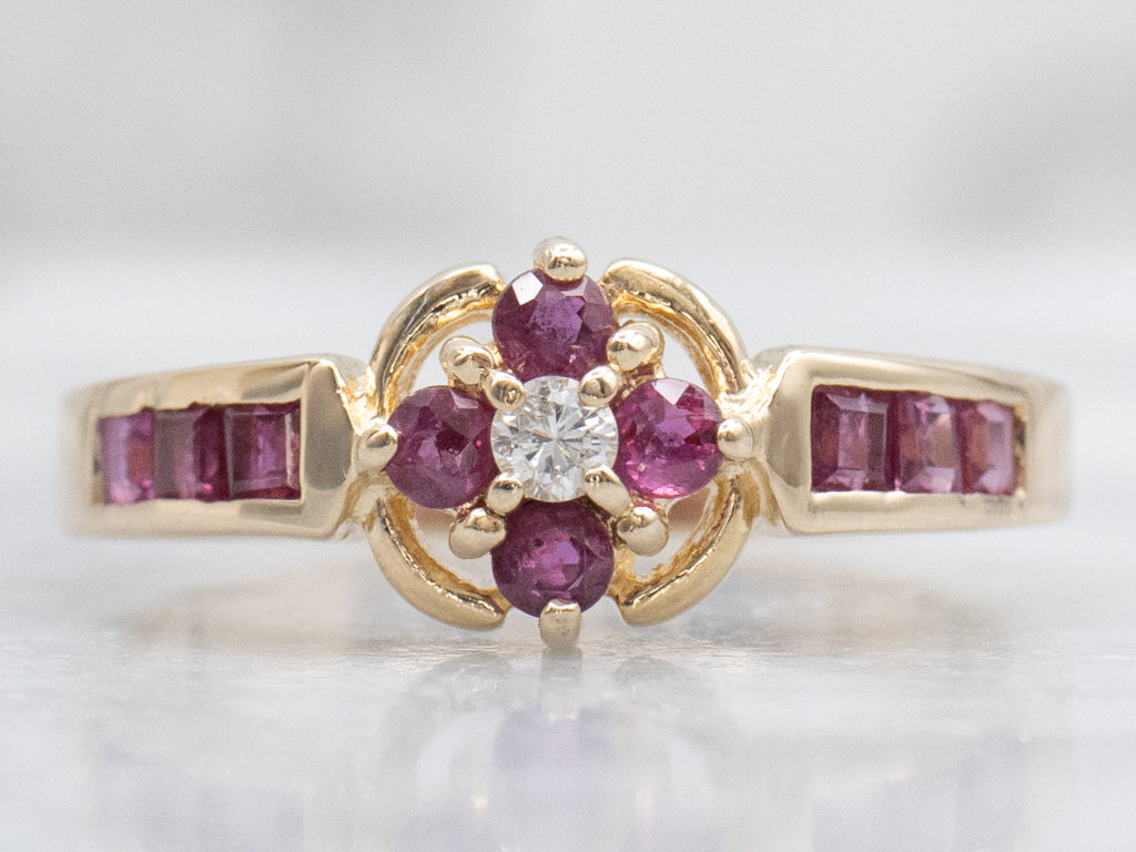 Vintage Yellow Gold Ruby and Diamond Flower Ring