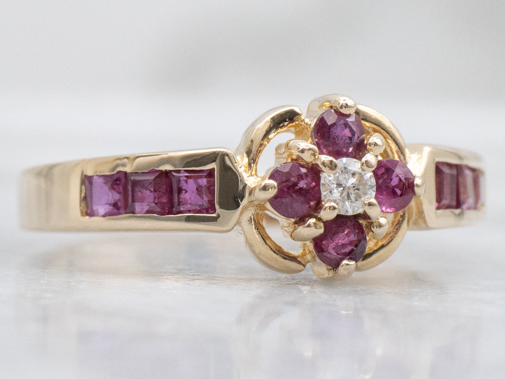 Vintage Yellow Gold Ruby and Diamond Flower Ring