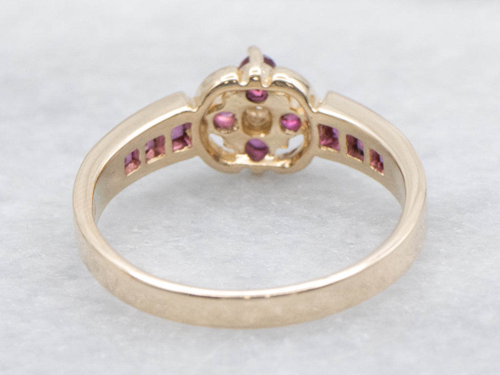 Vintage Yellow Gold Ruby and Diamond Flower Ring