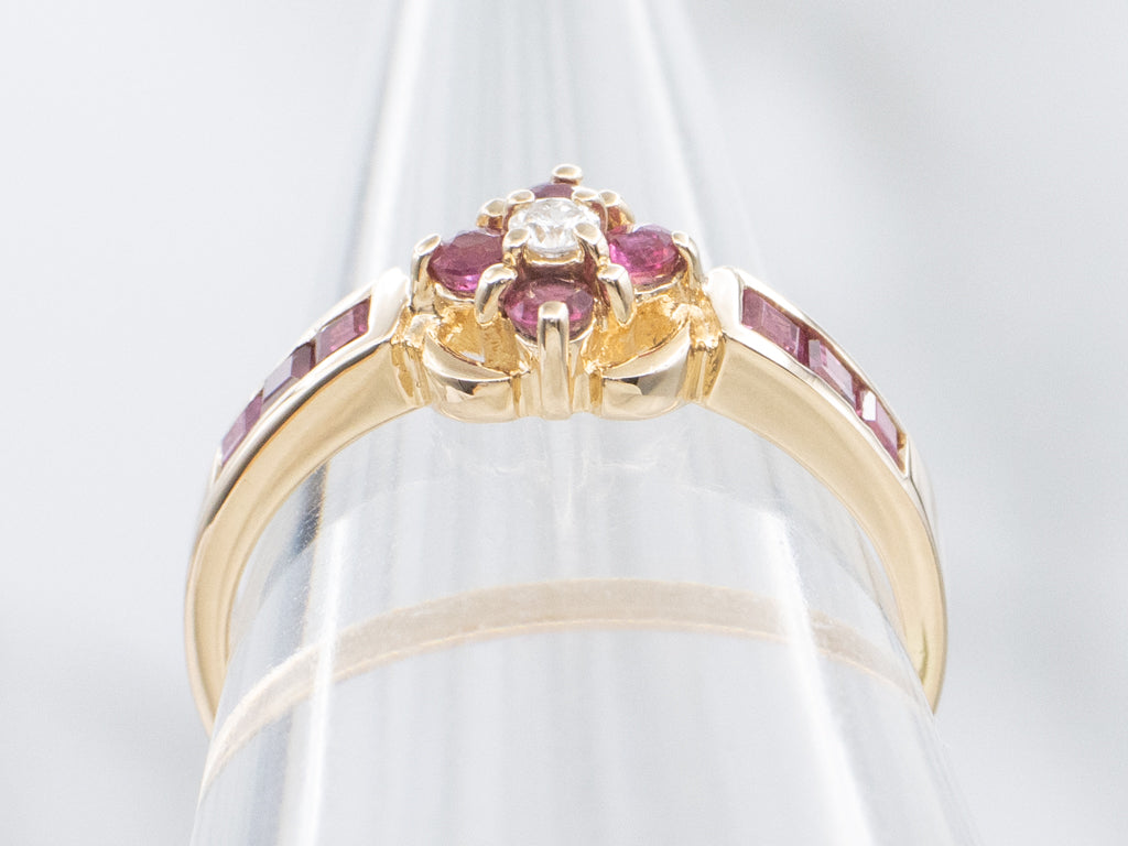 Vintage Yellow Gold Ruby and Diamond Flower Ring