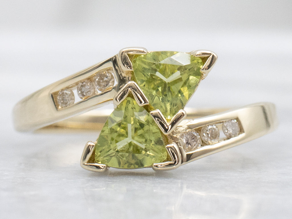 Trillion-Cut Peridot and Diamond Gold Bypass Ring