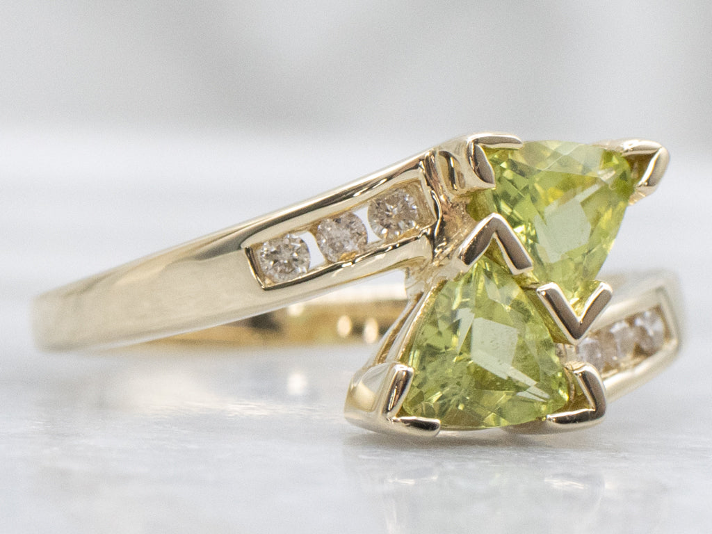 Trillion-Cut Peridot and Diamond Gold Bypass Ring