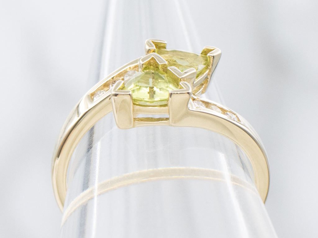 Trillion-Cut Peridot and Diamond Gold Bypass Ring