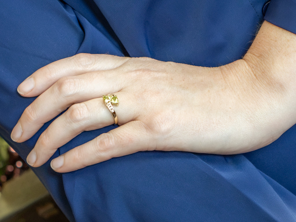 Trillion-Cut Peridot and Diamond Gold Bypass Ring
