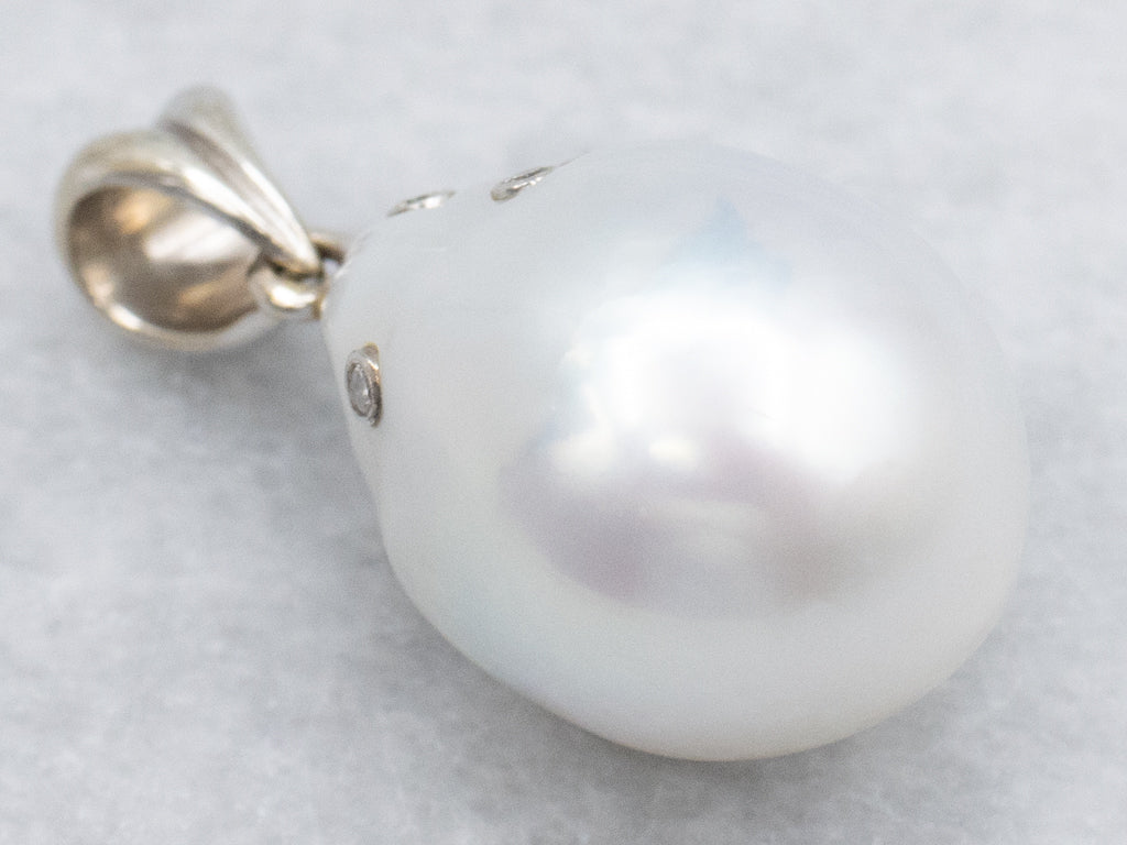 Pretty Pearl and Diamond White Gold Drop Pendant