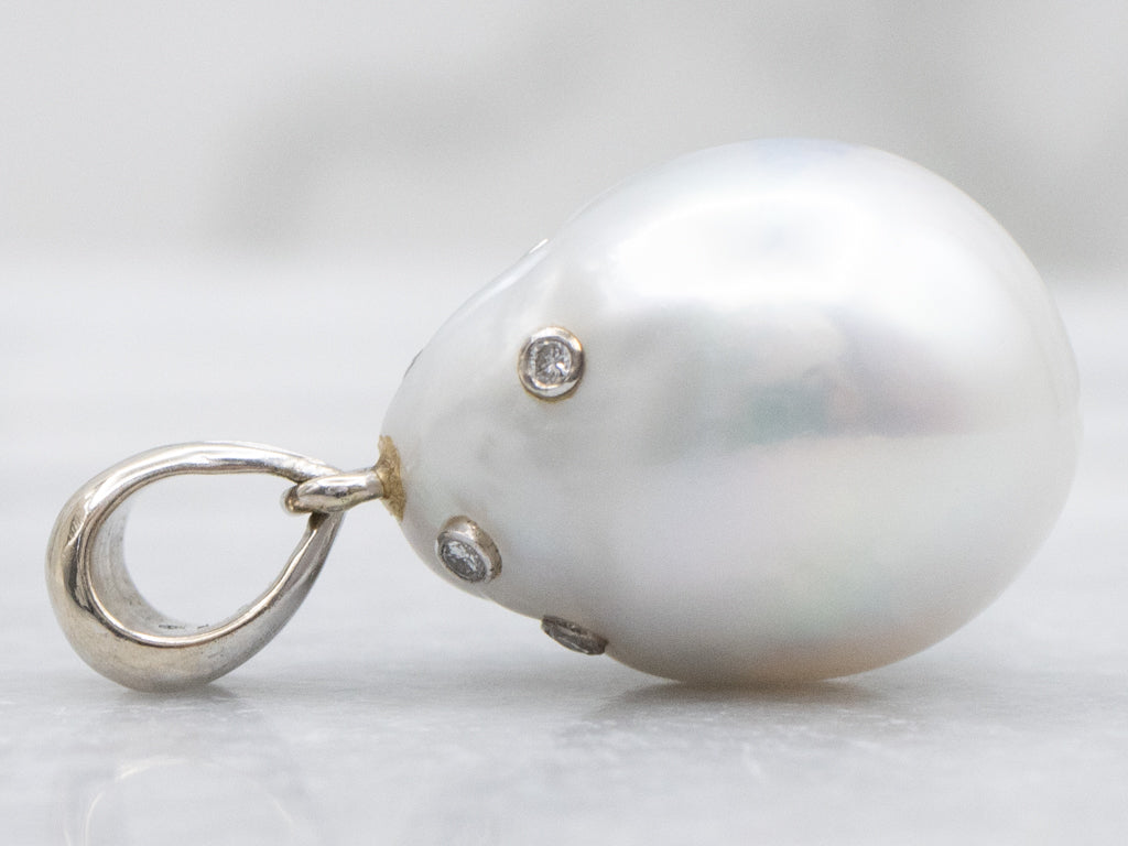 Pretty Pearl and Diamond White Gold Drop Pendant