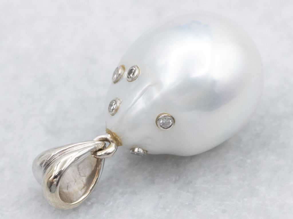 Pretty Pearl and Diamond White Gold Drop Pendant