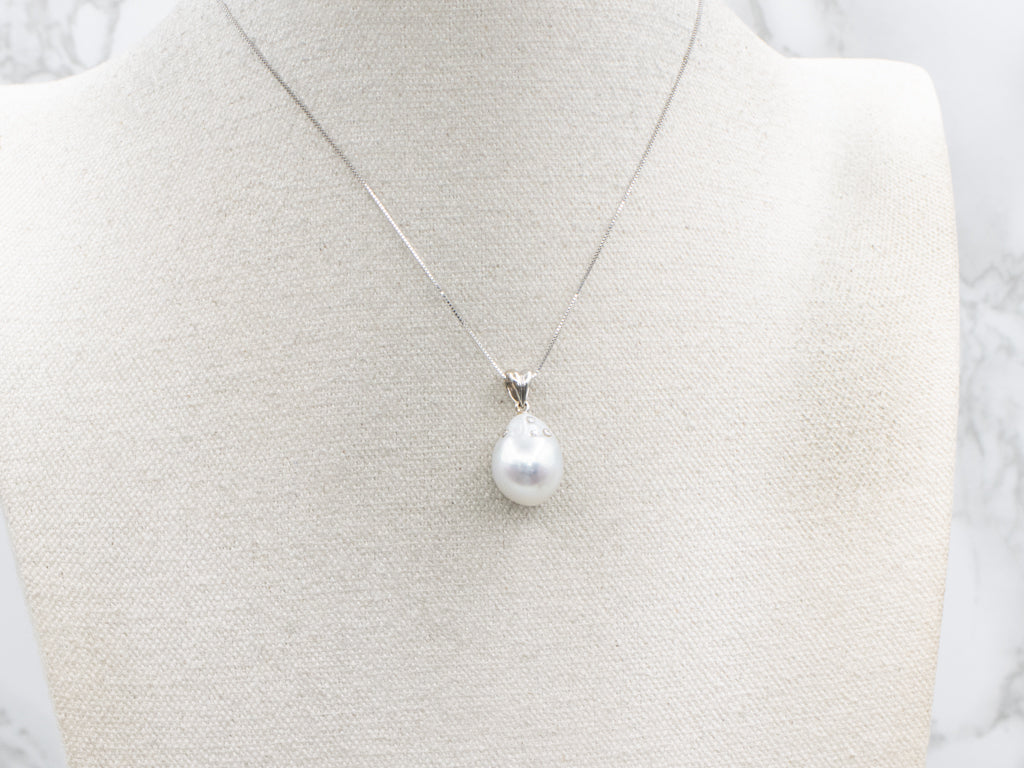 Pretty Pearl and Diamond White Gold Drop Pendant