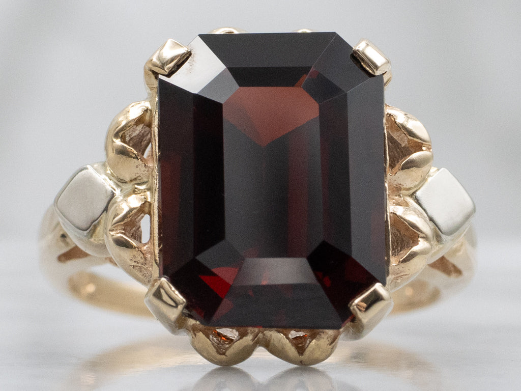 Cushion-Cut Garnet Solitaire Vintage Two-Tone Gold Ring