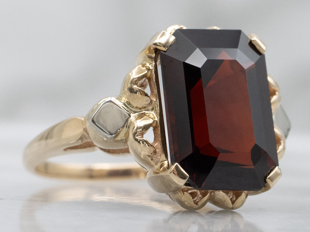 Cushion-Cut Garnet Solitaire Vintage Two-Tone Gold Ring