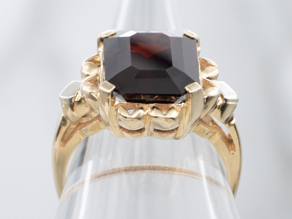 Cushion-Cut Garnet Solitaire Vintage Two-Tone Gold Ring