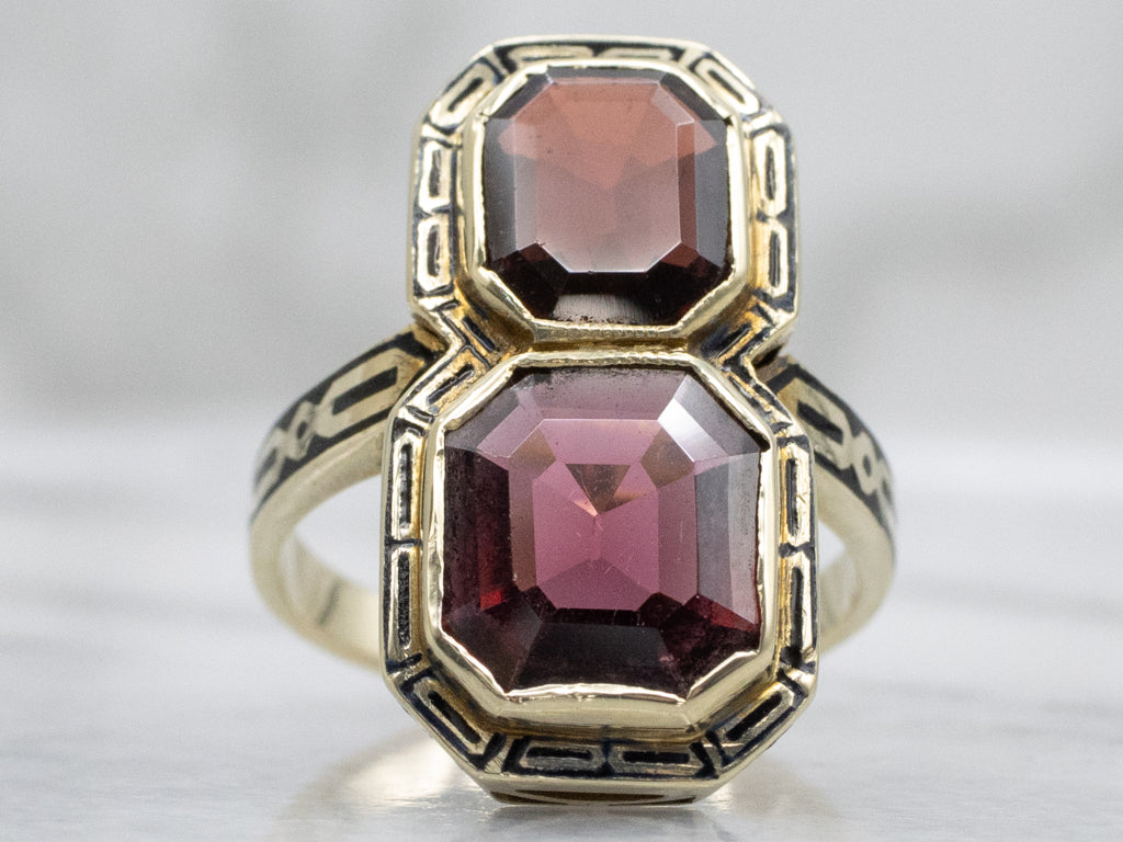Antique Double Garnet and Black Enamel Gold Ring