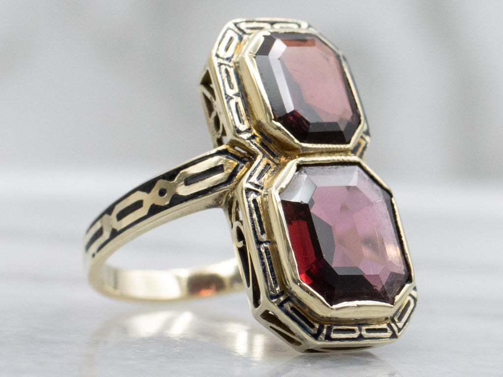 Antique Double Garnet and Black Enamel Gold Ring