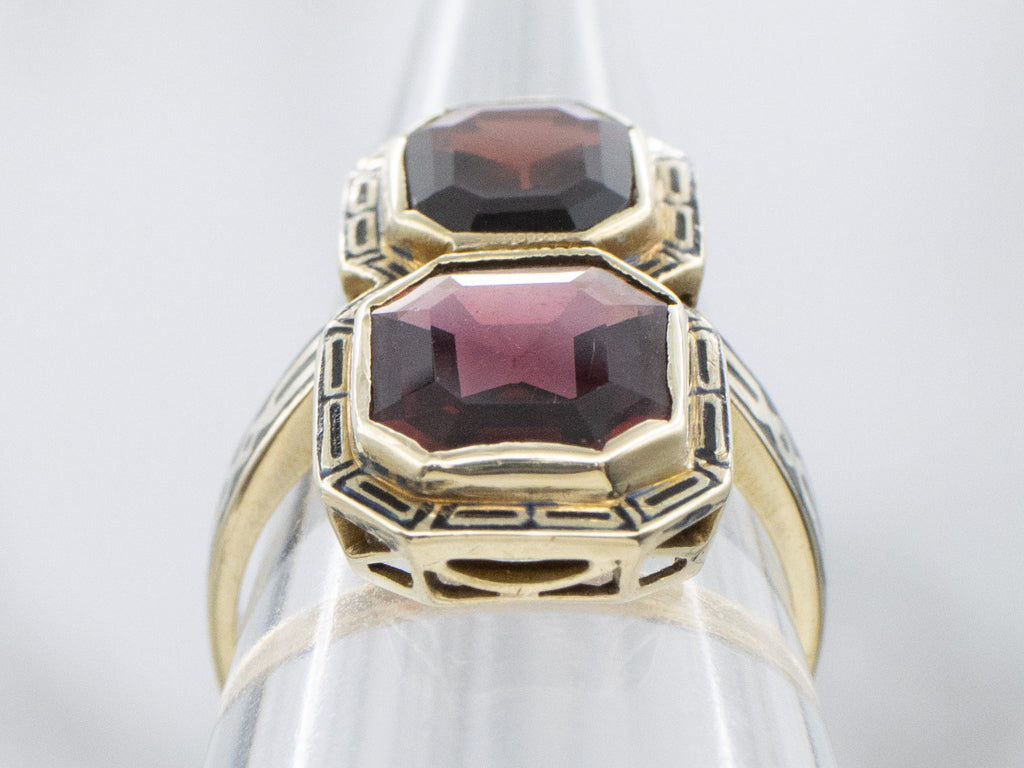 Antique Double Garnet and Black Enamel Gold Ring