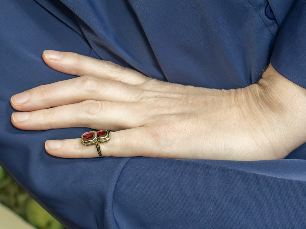 Antique Double Garnet and Black Enamel Gold Ring