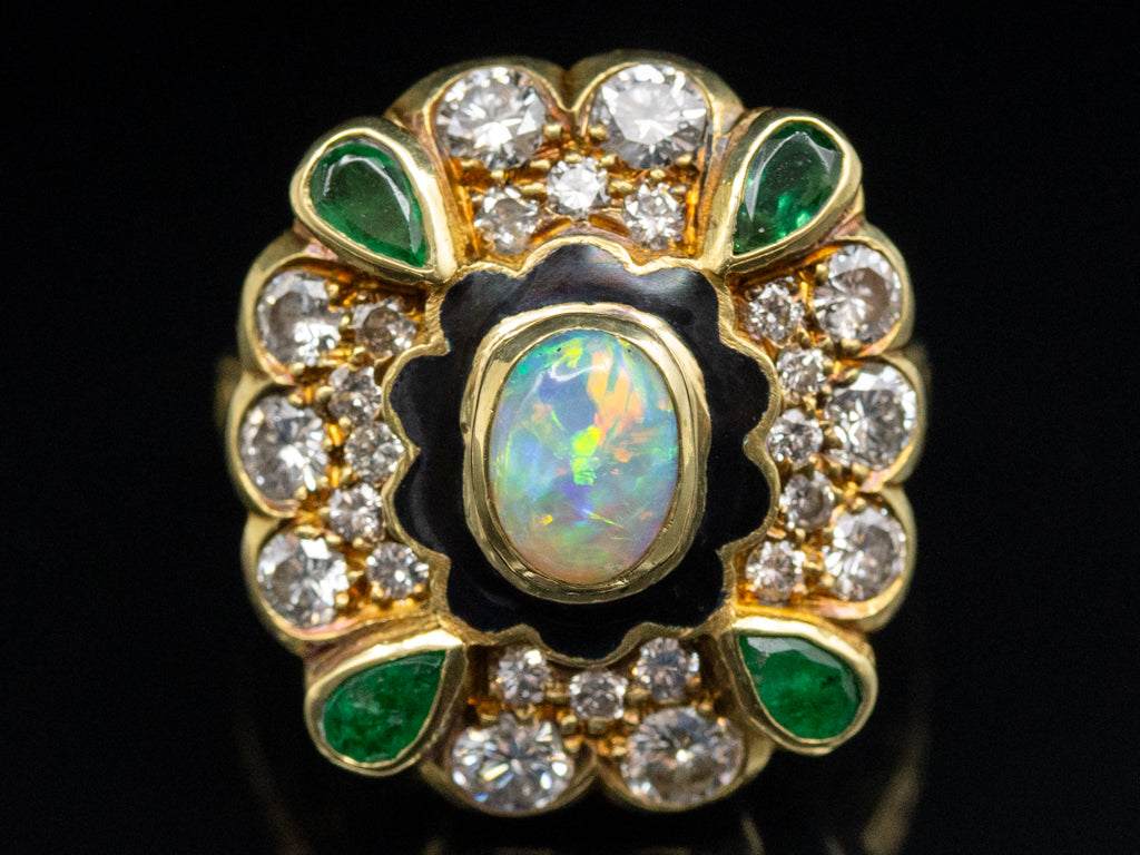 Vintage Opal Emerald and Diamond Cocktail Ring with Enamel Details