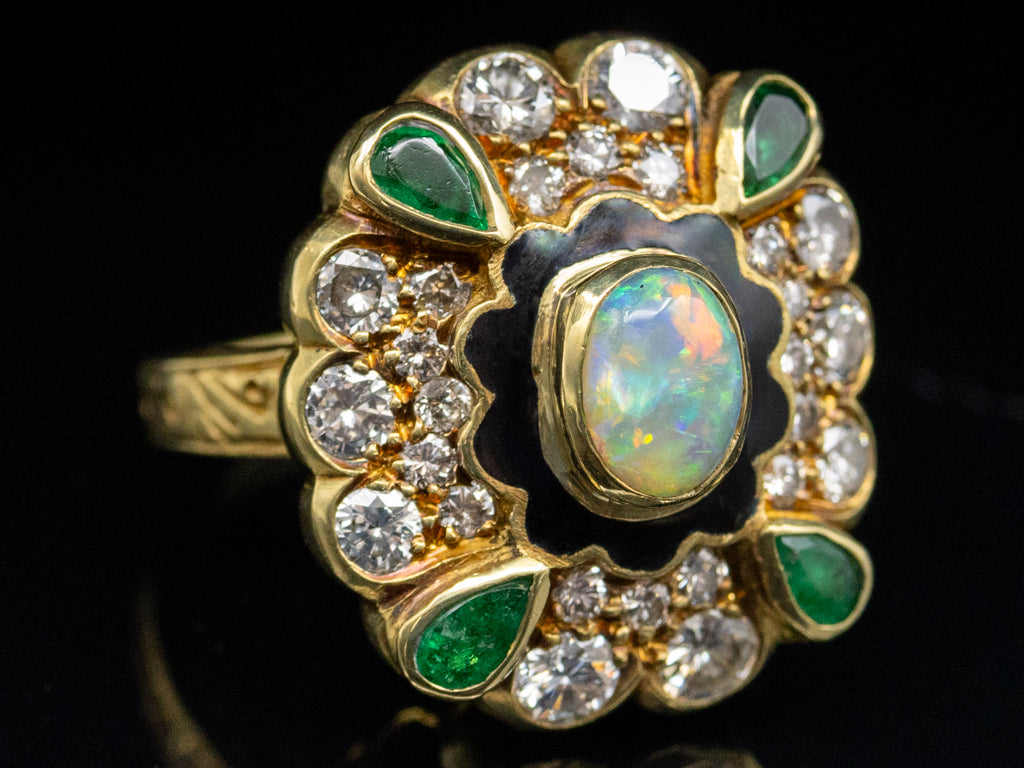 Vintage Opal Emerald and Diamond Cocktail Ring with Enamel Details