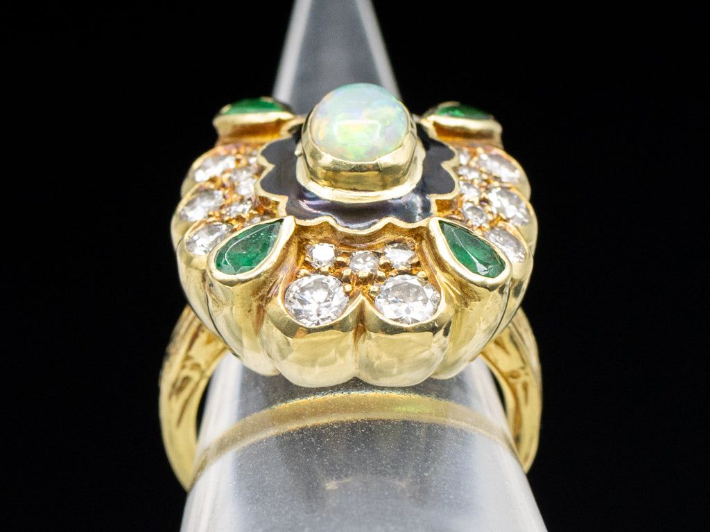 Vintage Opal Emerald and Diamond Cocktail Ring with Enamel Details