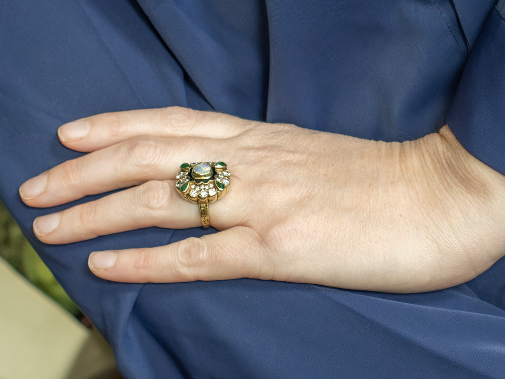 Vintage Opal Emerald and Diamond Cocktail Ring with Enamel Details