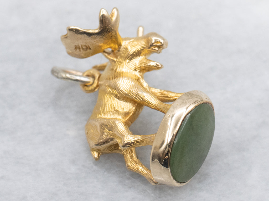 Vintage Gold Jadeite Cabochon Moose Fob Pendant