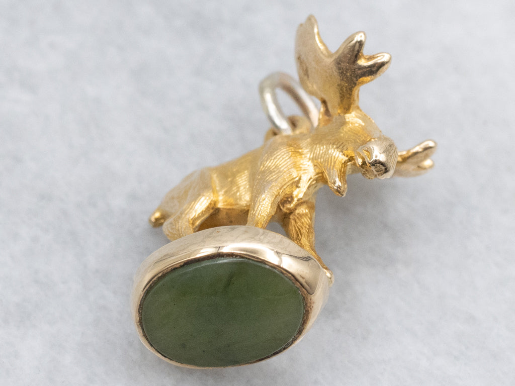 Vintage Gold Jadeite Cabochon Moose Fob Pendant