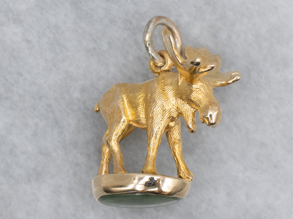 Vintage Gold Jadeite Cabochon Moose Fob Pendant