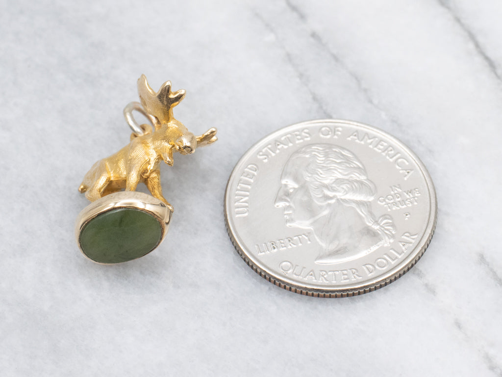 Vintage Gold Jadeite Cabochon Moose Fob Pendant