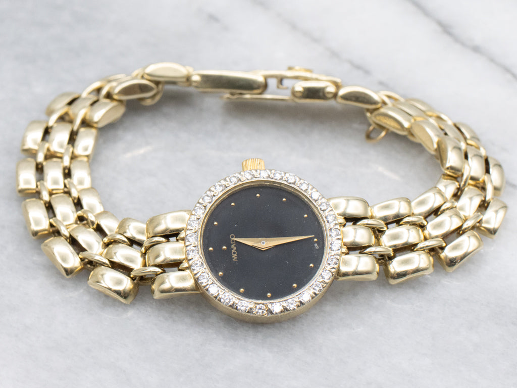 Ladies 1990s Movado Gold and Diamond Panther Link Watch