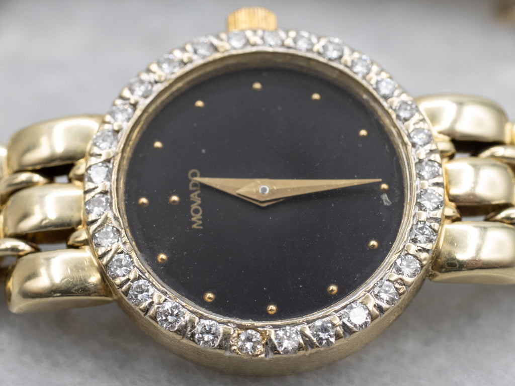 Ladies 1990s Movado Gold and Diamond Panther Link Watch