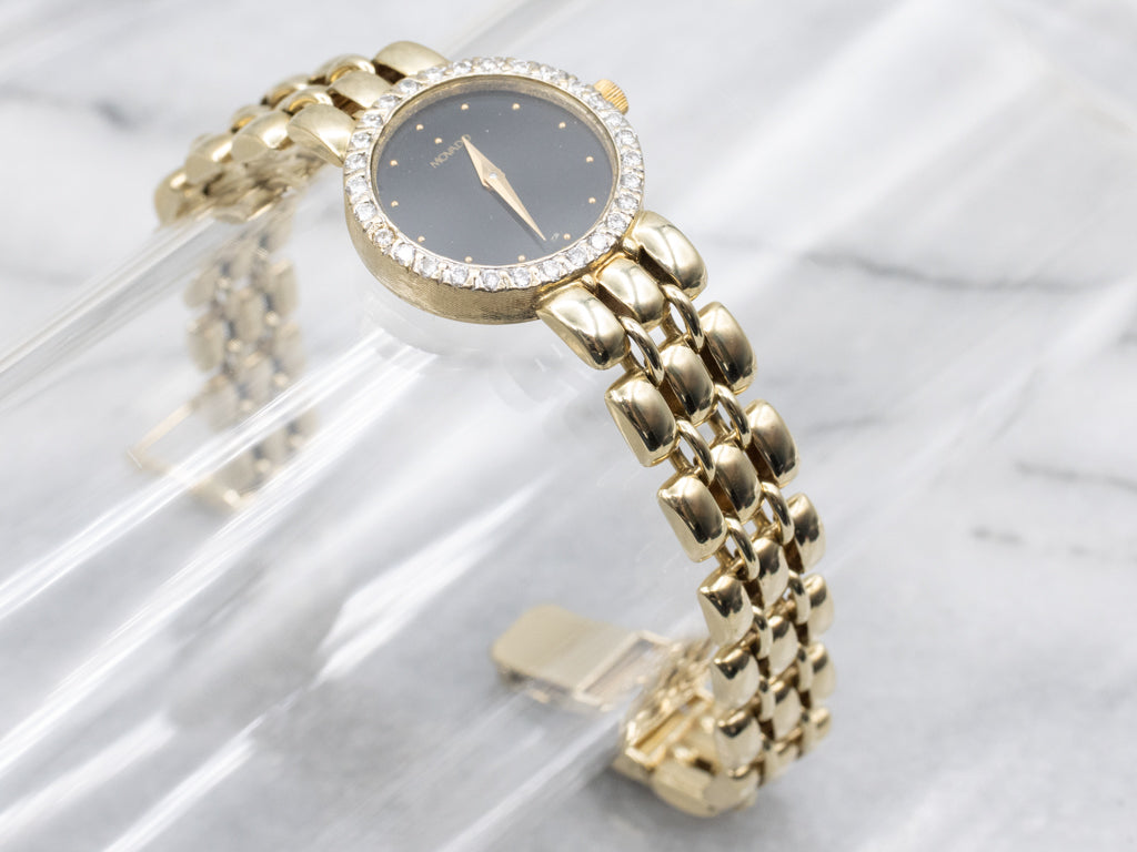 Ladies 1990s Movado Gold and Diamond Panther Link Watch