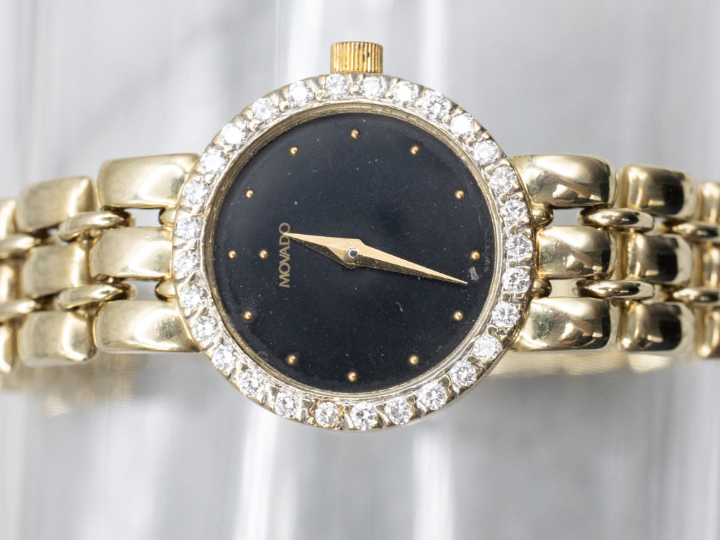 Ladies 1990s Movado Gold and Diamond Panther Link Watch