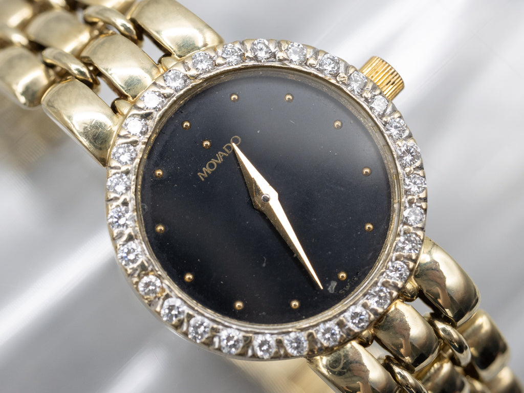 Ladies 1990s Movado Gold and Diamond Panther Link Watch