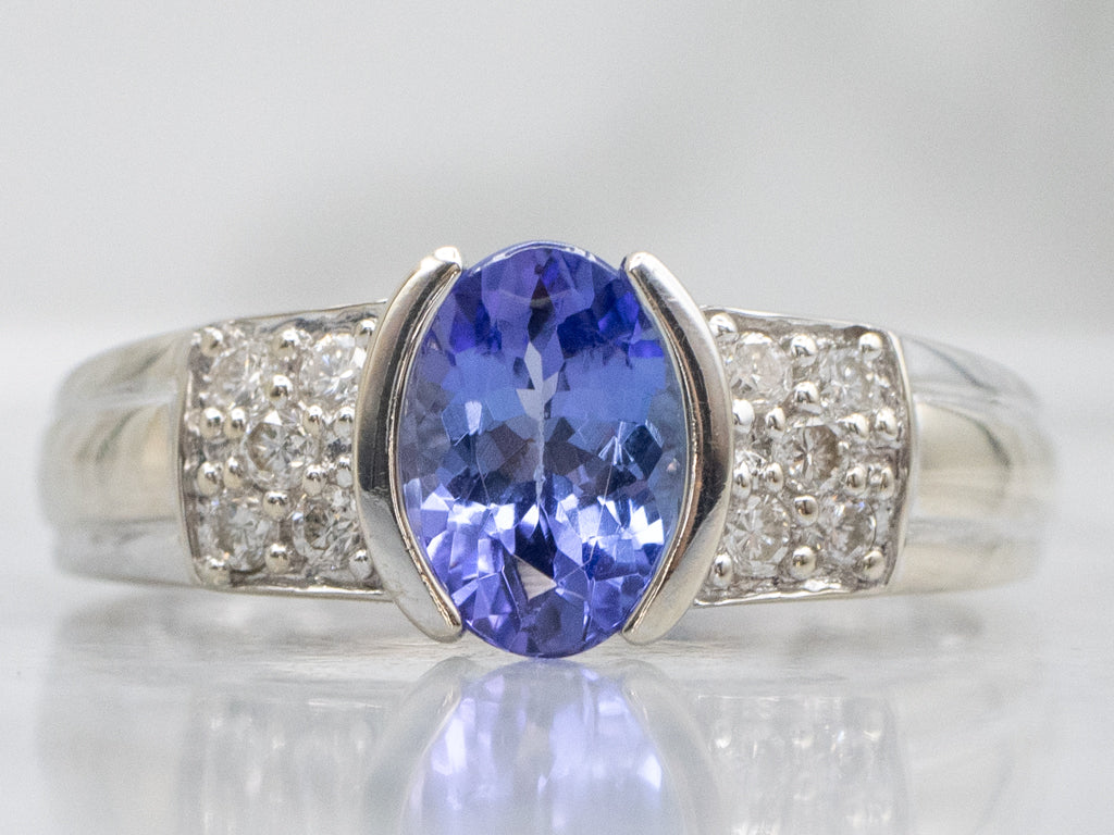 Modern Tanzanite and Diamond White Gold Ring