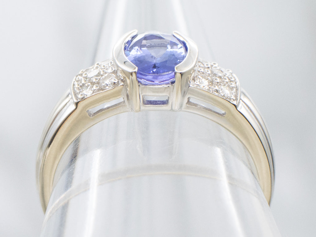 Modern Tanzanite and Diamond White Gold Ring