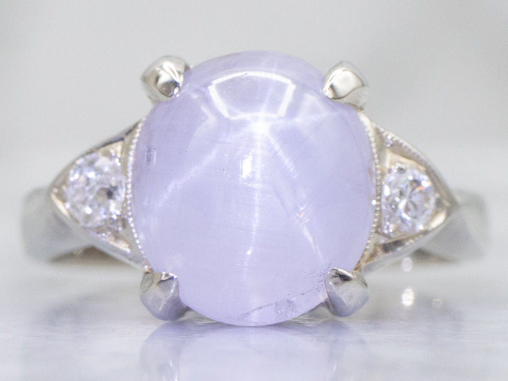 Purple Star Sapphire and Diamond White Gold Ring