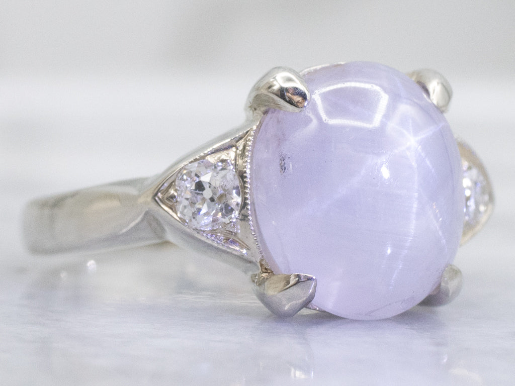 Purple Star Sapphire and Diamond White Gold Ring