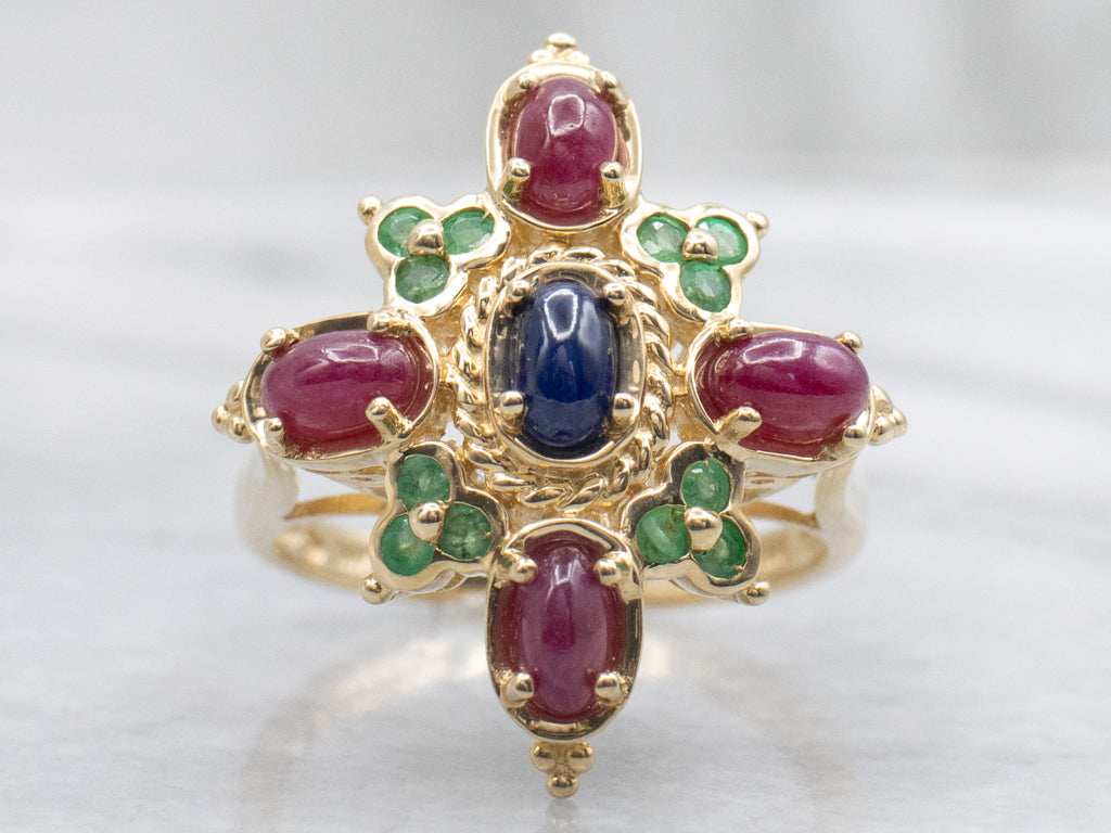 Sapphire and Ruby Cabochon Cocktail Ring with Emerald Accents