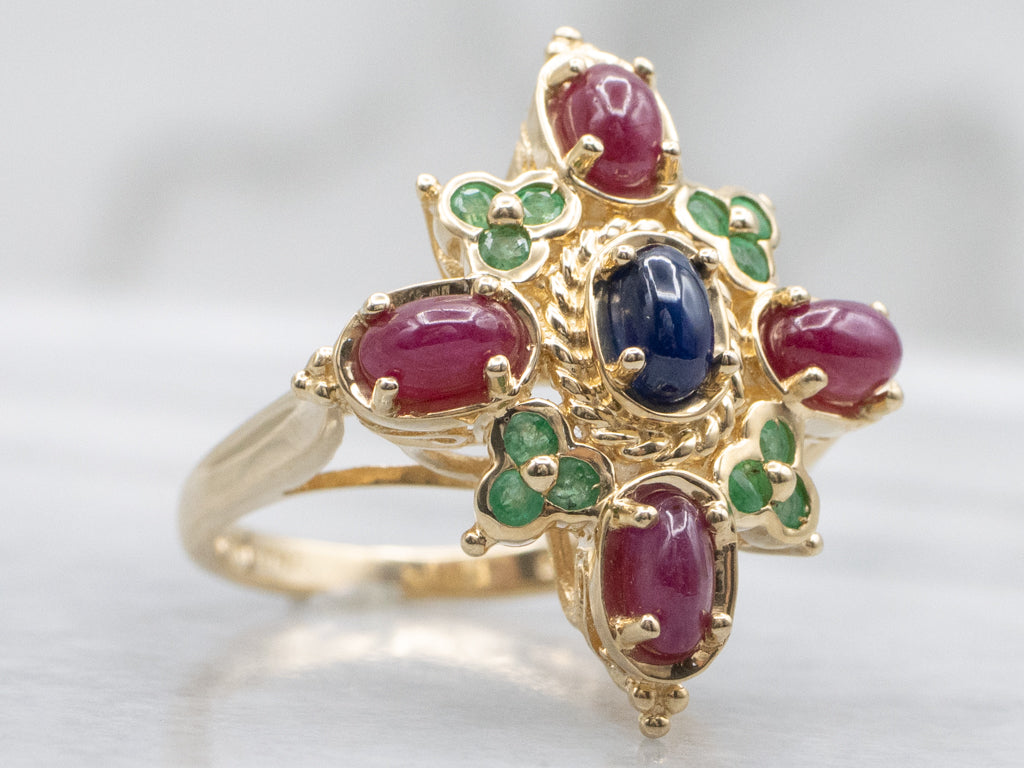 Sapphire and Ruby Cabochon Cocktail Ring with Emerald Accents