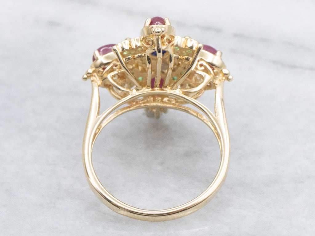 Sapphire and Ruby Cabochon Cocktail Ring with Emerald Accents