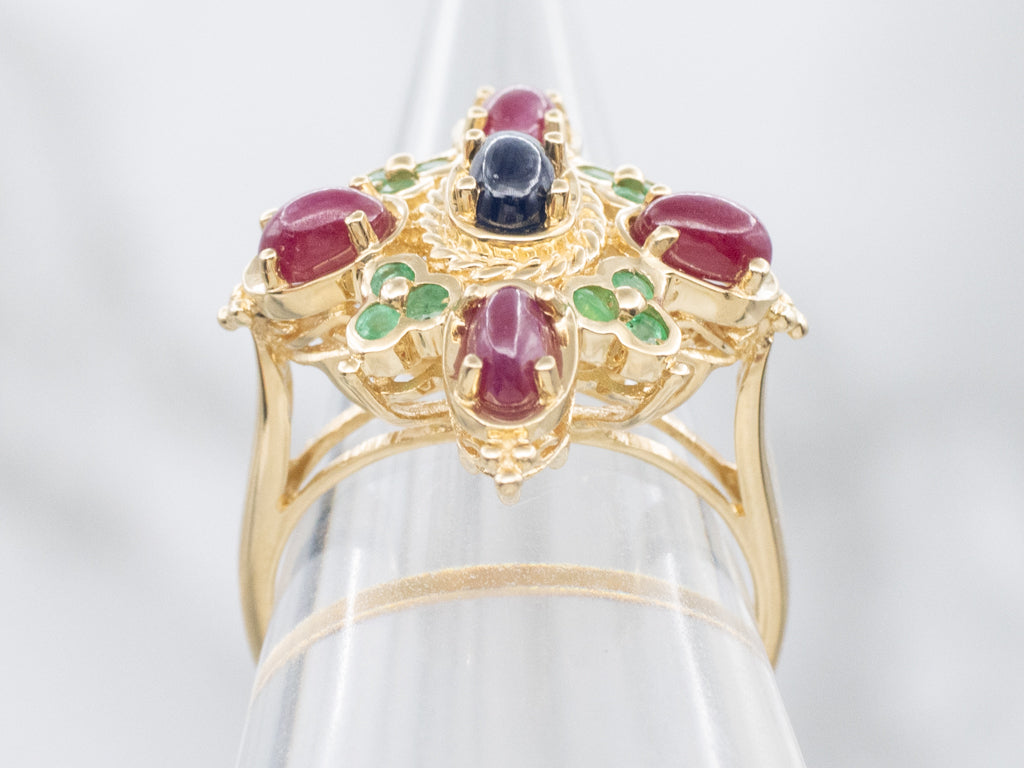 Sapphire and Ruby Cabochon Cocktail Ring with Emerald Accents