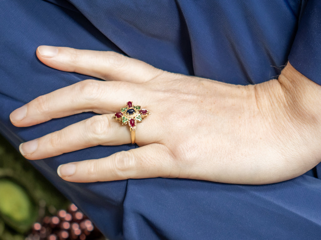 Sapphire and Ruby Cabochon Cocktail Ring with Emerald Accents