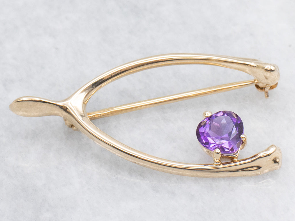 Lucky Yellow Gold Amethyst Wishbone Pin