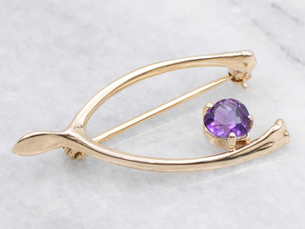 Lucky Yellow Gold Amethyst Wishbone Pin
