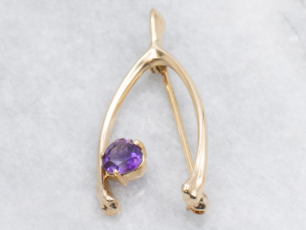 Lucky Yellow Gold Amethyst Wishbone Pin