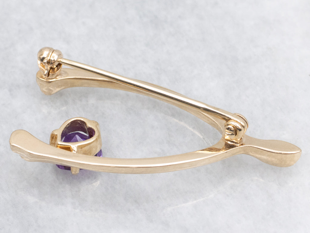 Lucky Yellow Gold Amethyst Wishbone Pin