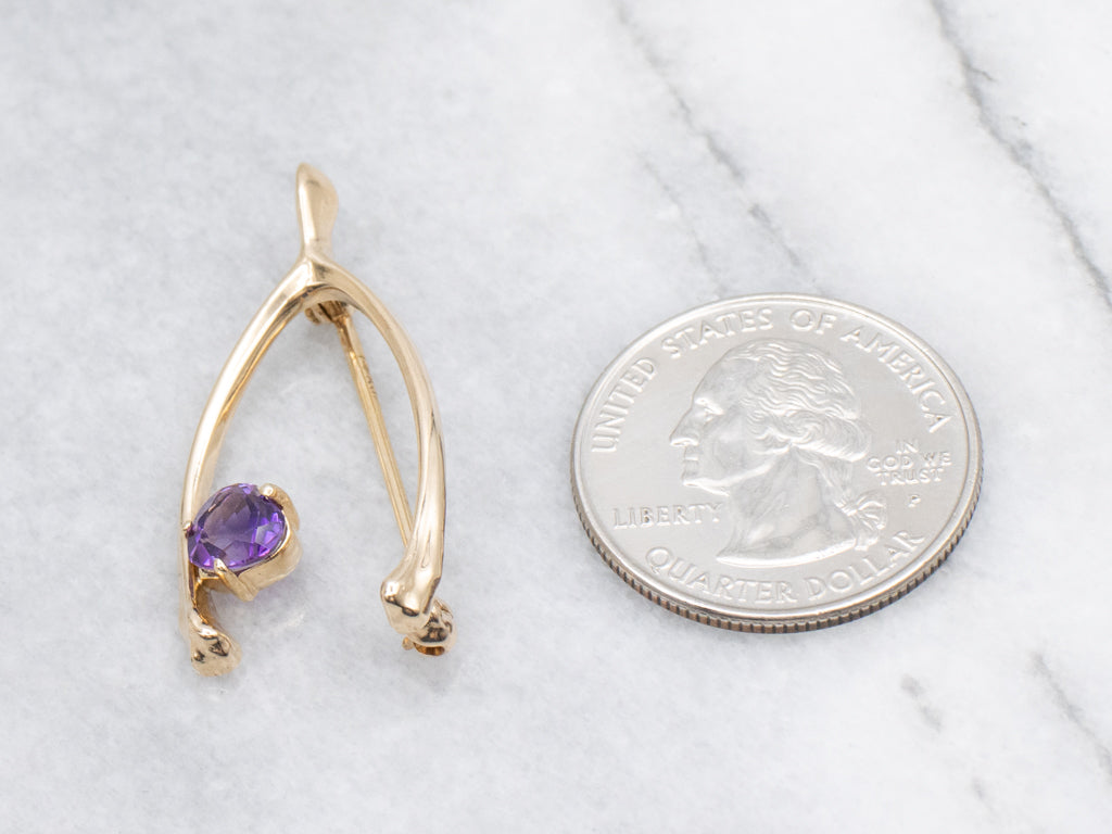 Lucky Yellow Gold Amethyst Wishbone Pin