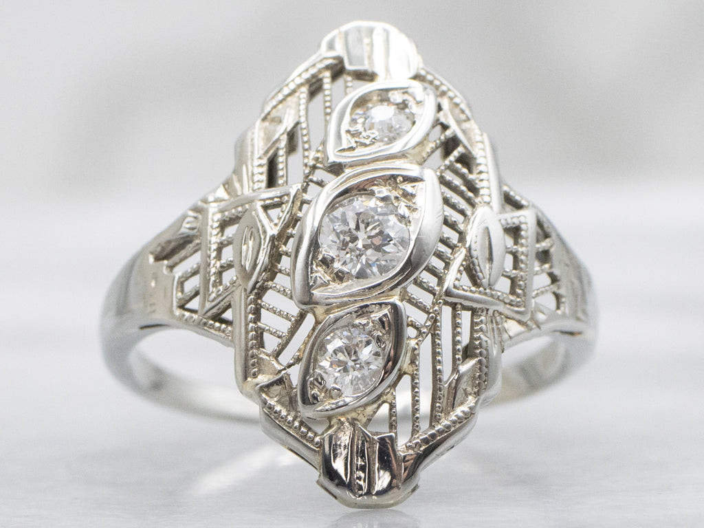 Old Mine Cut Diamond White Gold Art Deco Dinner Ring